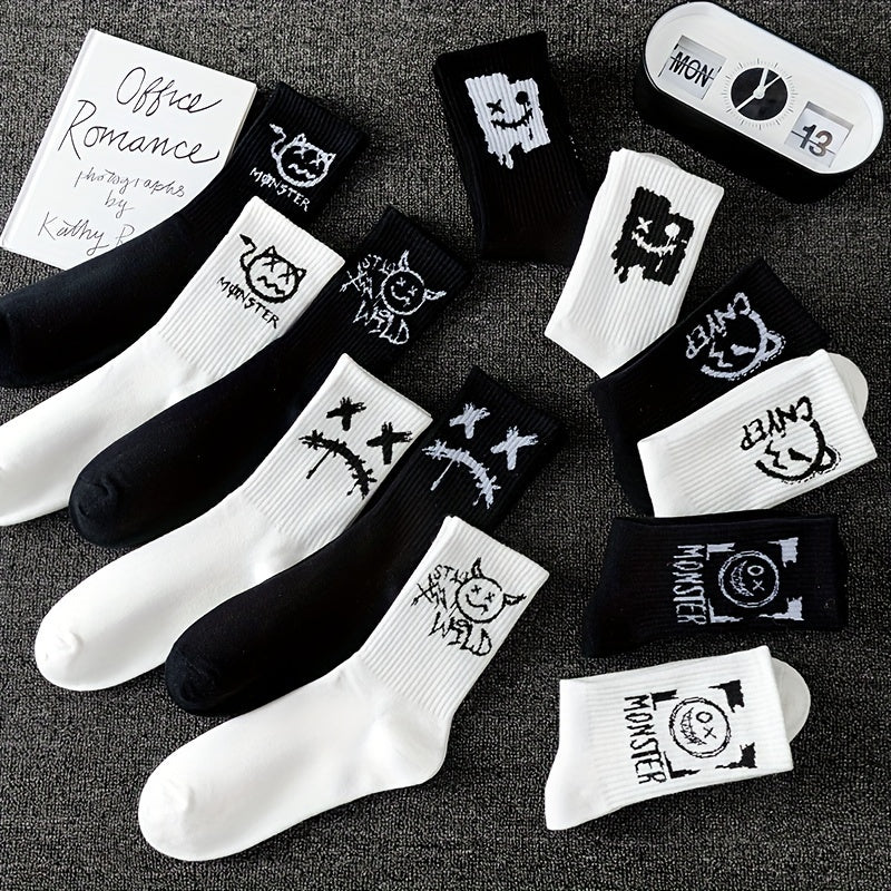 Men's Graffiti Pattern Crew Socks 3/5/8/10 Pairs Breathable Comfortable Outdoor