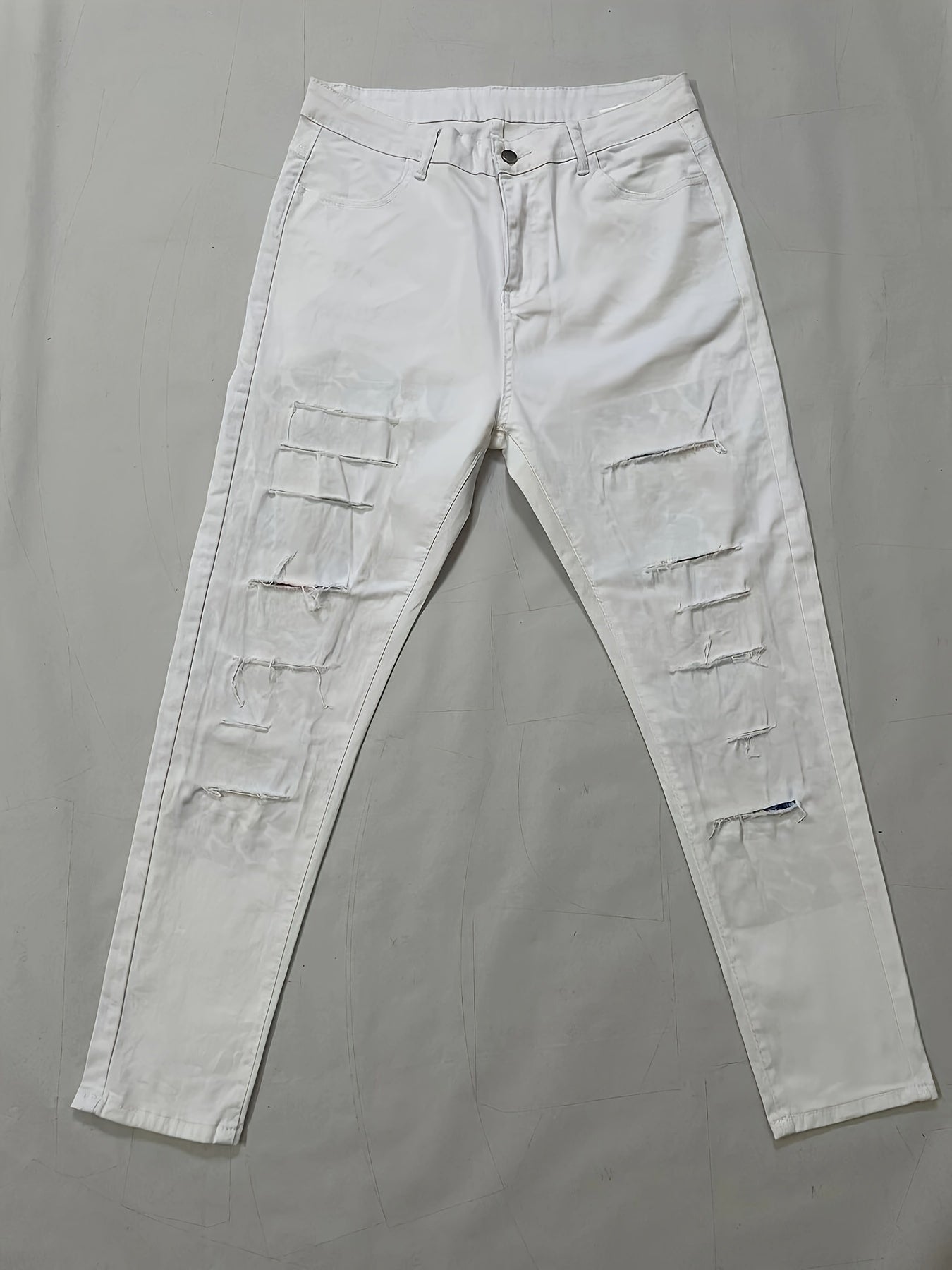 Plus-Size Women's High-Waisted Ripped Denim Skinny Jeans with Color Block Patchwork