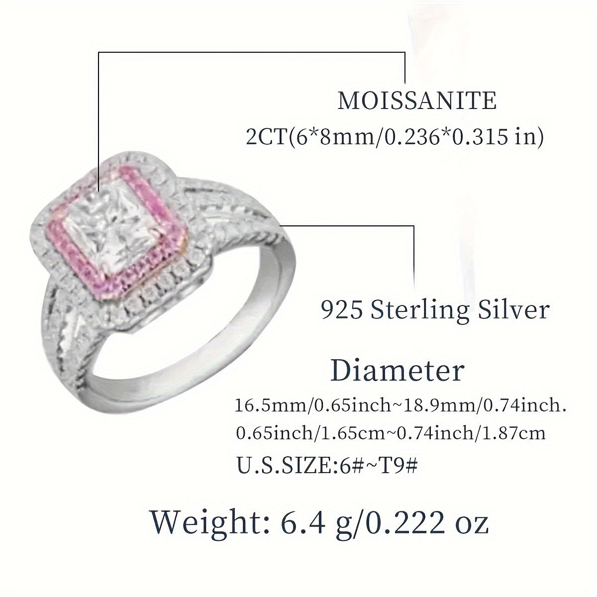 S925 Sterling Silver Luxury Halo Ring, 2 karat kvadrat kesimli Moissanite bilan bezatilgan, to'ylar yoki maxsus tadbirlar uchun mukammal. Gippoallergen va partiyalar va banketlar uchun ideal, bu ajoyib asar Moissanite sertifikati bilan birga keladi va