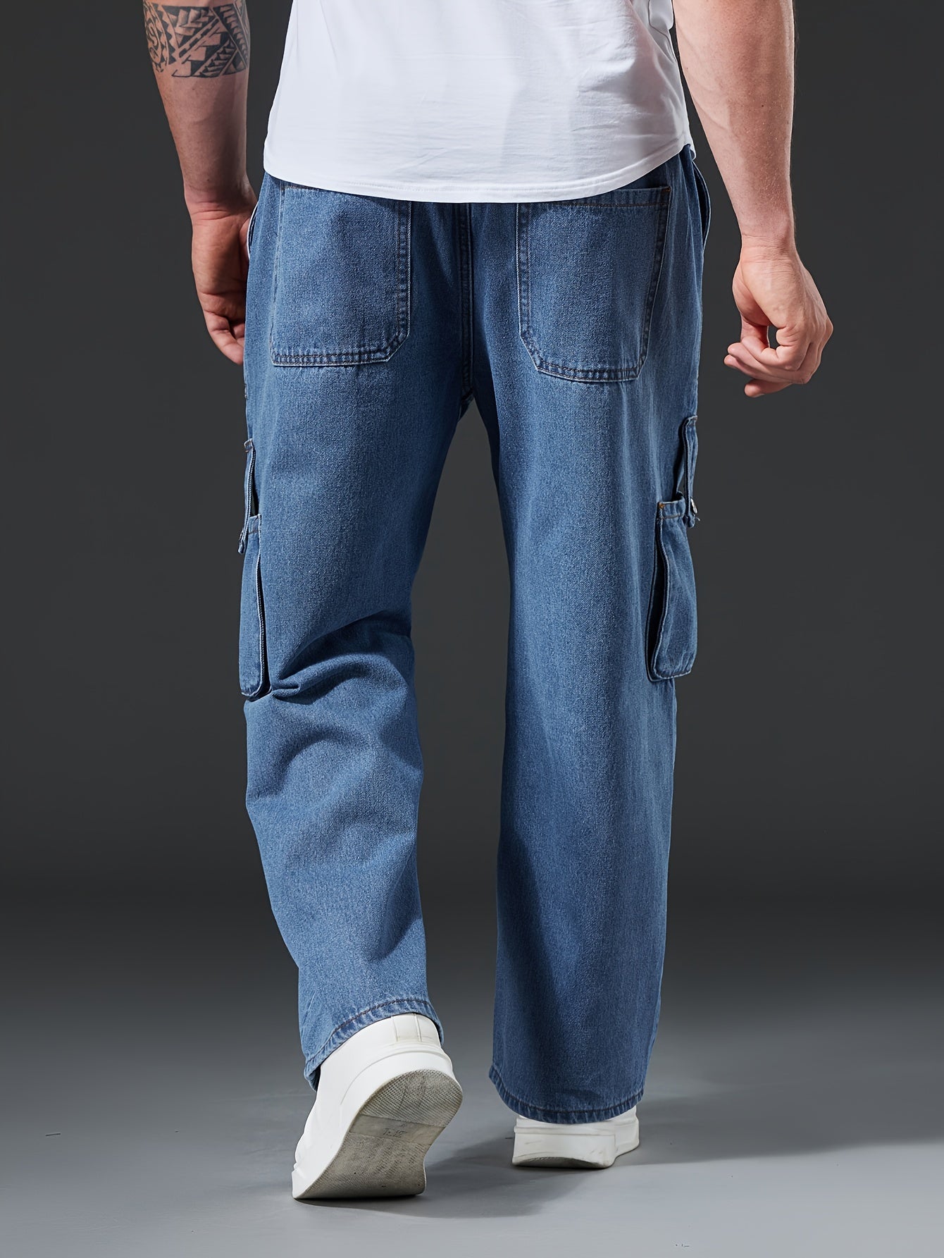 Men's Cargo Jeans Plus Size Solid Denim Casual All-Season Non-Stretch Elastic Waist