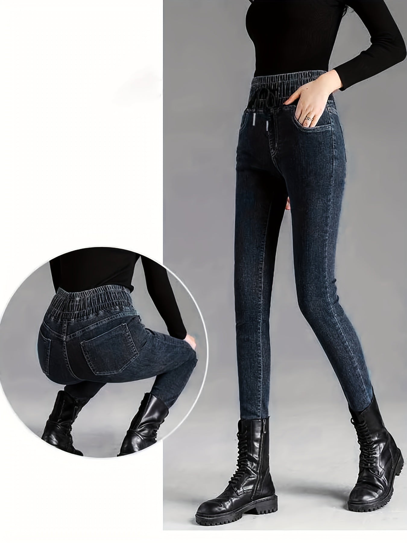 Women's Plus Size High-Waist Stretch Denim Jeans Dark Blue Slim Fit Casual All-Season