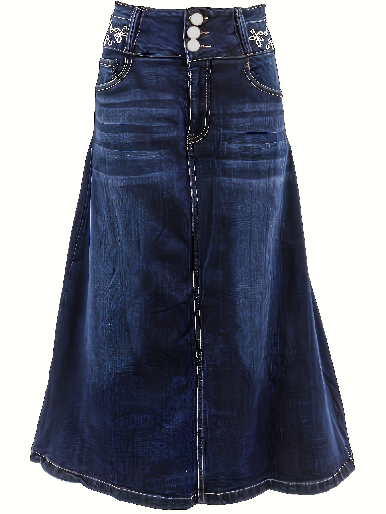 Women's Plus Size Blue Stretch Denim A-Line Midi Skirt With Button Details
