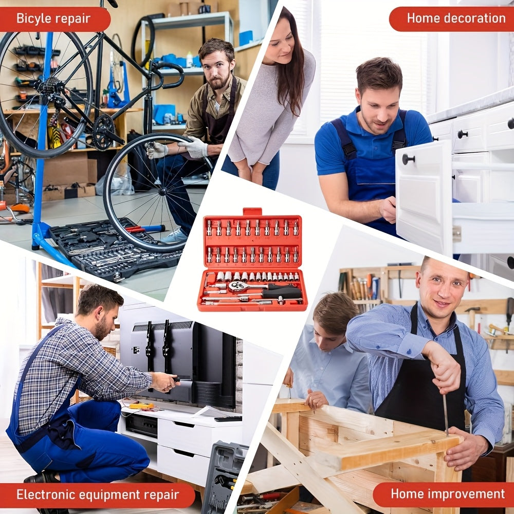 Portativ 53/46 dona Ratchet Socket Wrench to'plami, avtomobil va mototsikl texnik xizmat ko'rsatish uchun qutisi bilan.