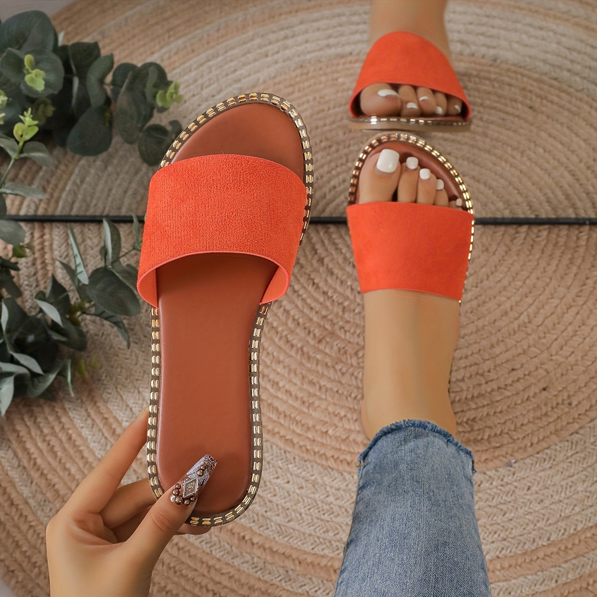 Women's Flat Slide Sandals Open Toe Single Band Slip On Casual Shoes