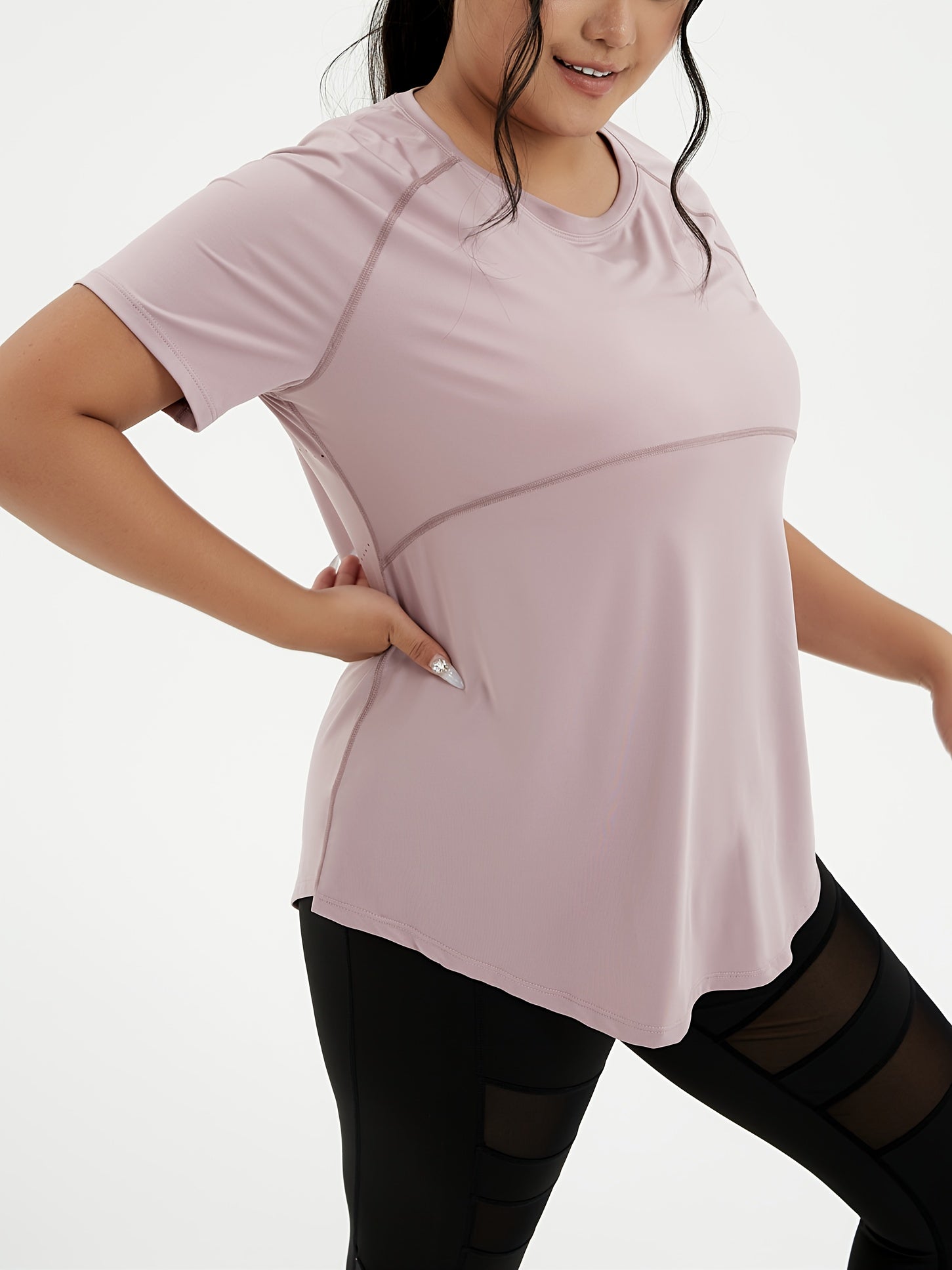 Plus Size Crew Neck T-Shirt with Ripped Polka Dot Knit Fabric