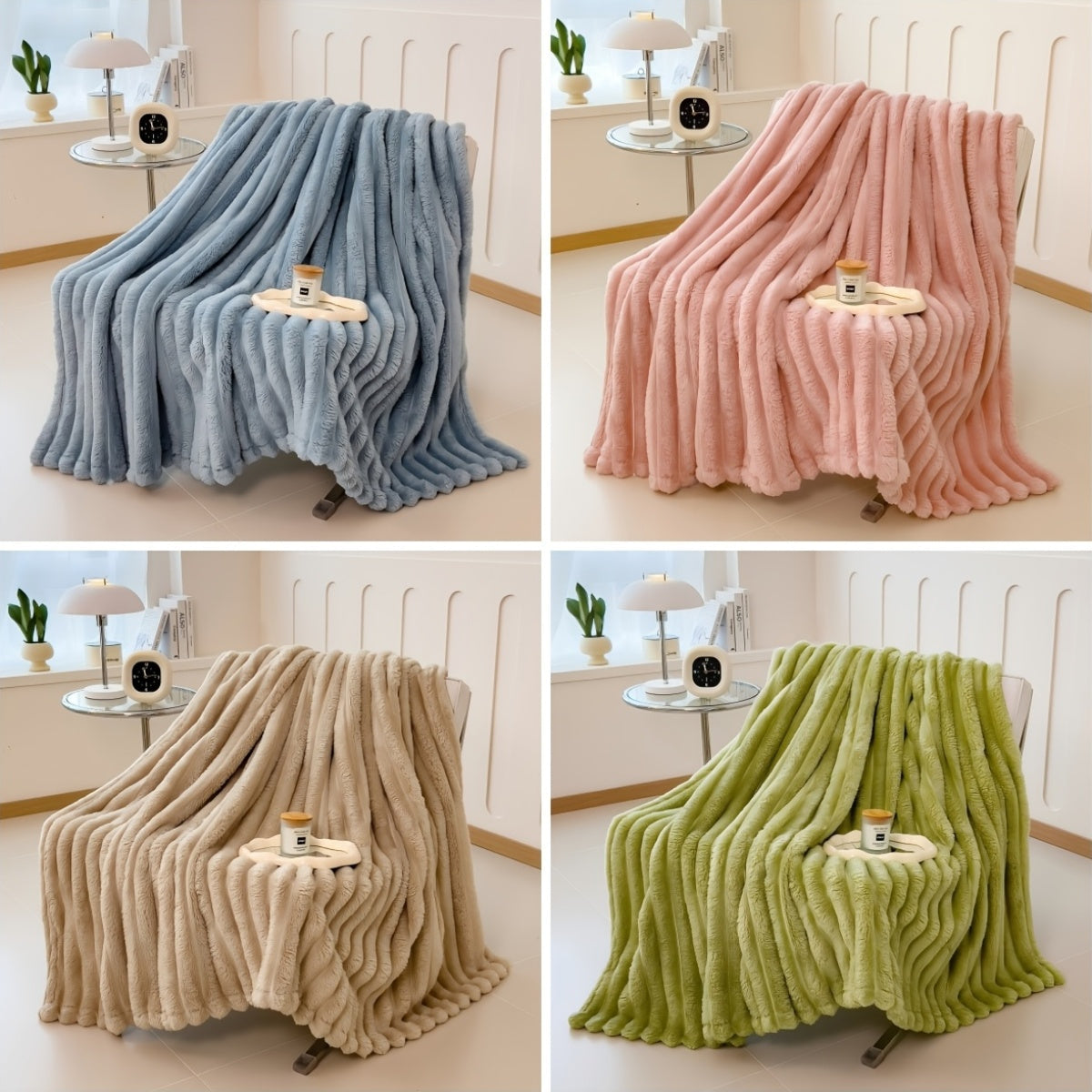 Striped Plush Blanket Double-Sided Fleece All-Season Knit Polyester Machine Washable