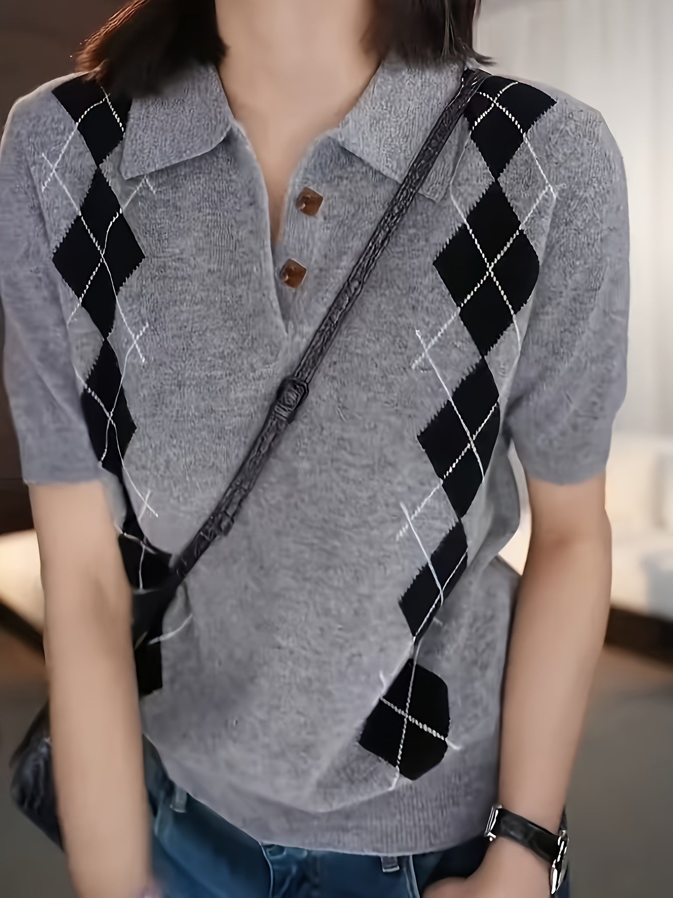 Women's Plus Size Argyle Sweater Collared Short Sleeve Casual Top