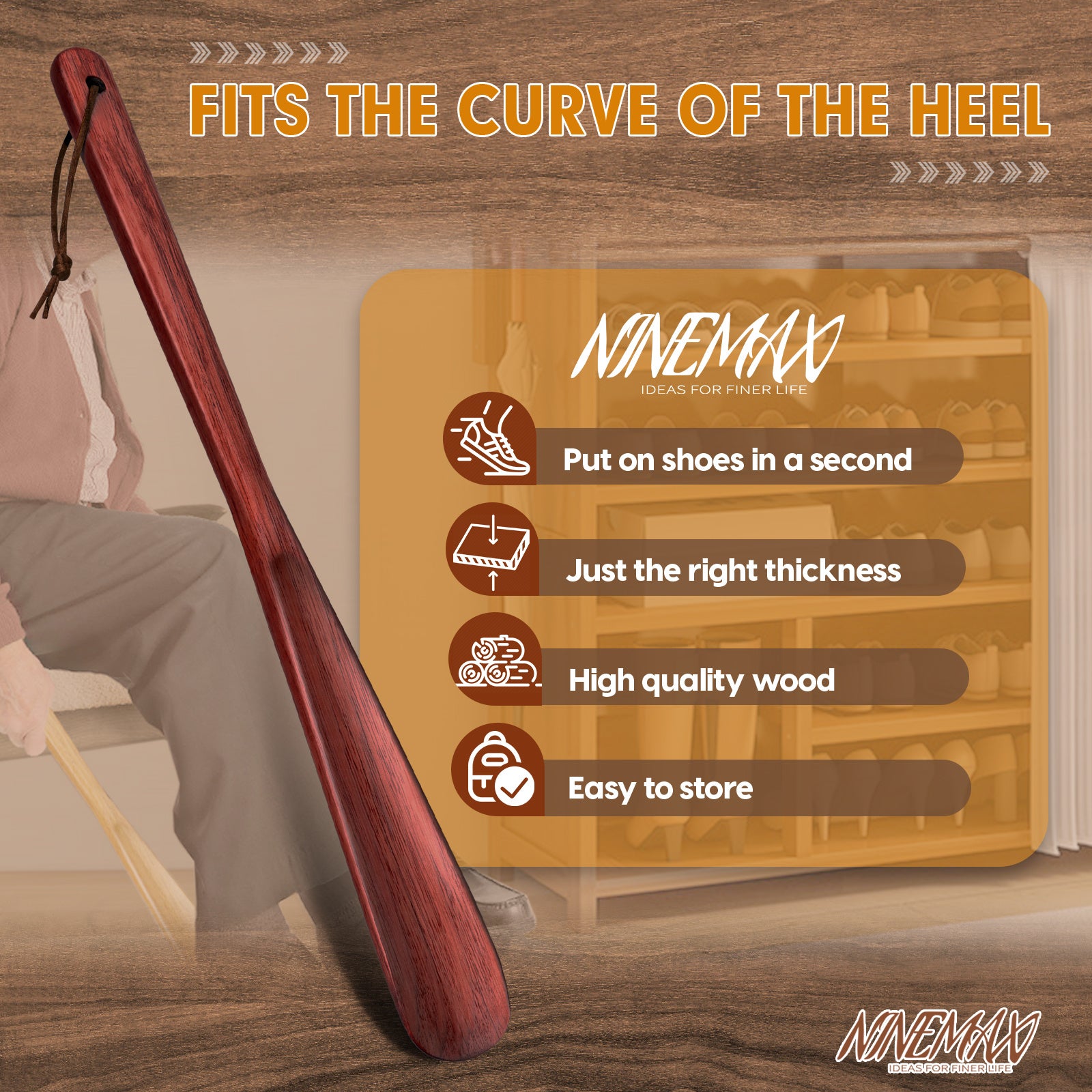 Long Handle Shoe Horn 40cm Ironwood Non-Slip Grip Senior Footwear Aid