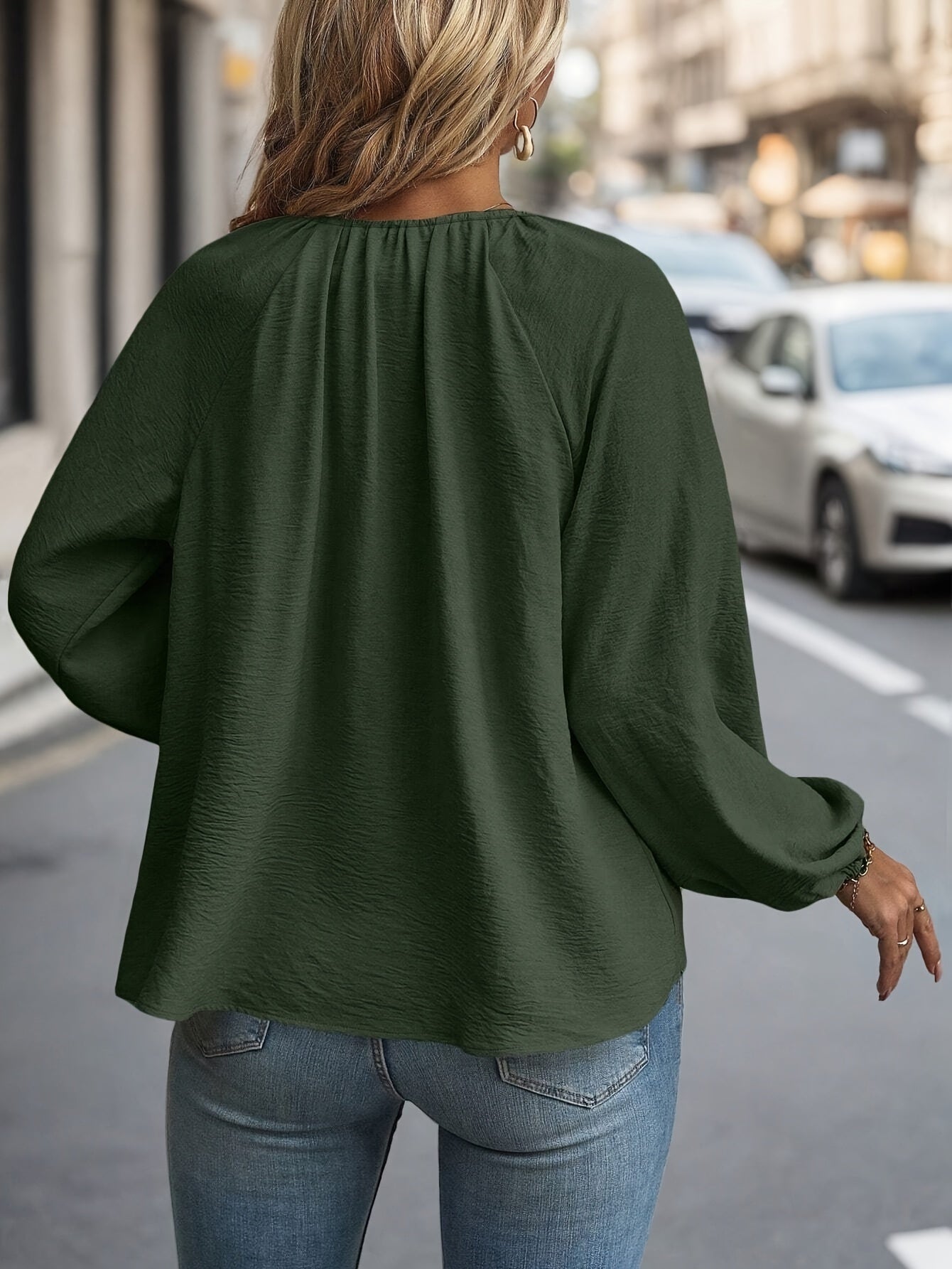 Women's Plus Size Solid Long Sleeve Shirt Polyester V Neck Lace-Up Fall Top