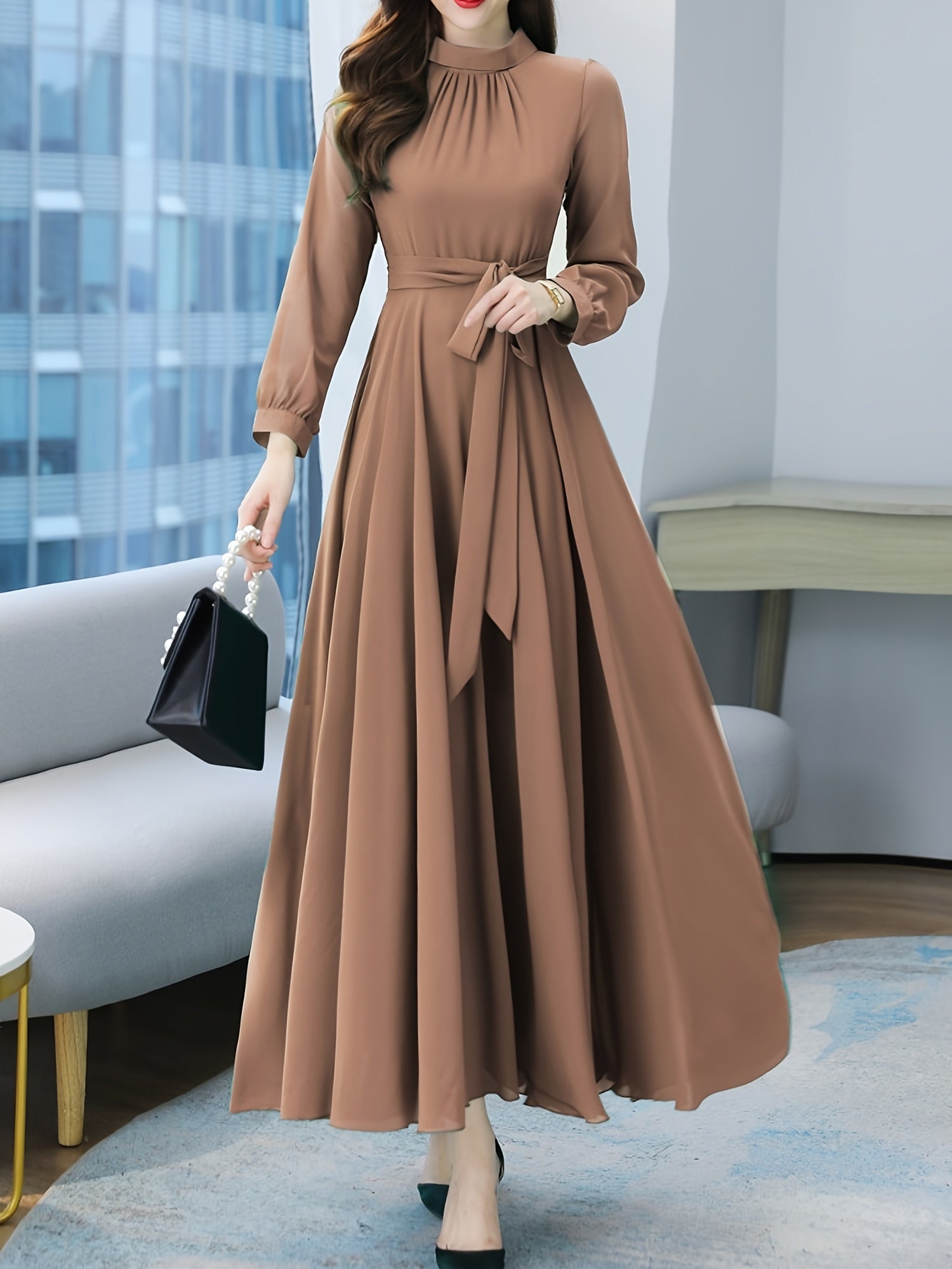 Women's Solid Color Polyester A-Line Dress with Crew Neck and Waist Detail