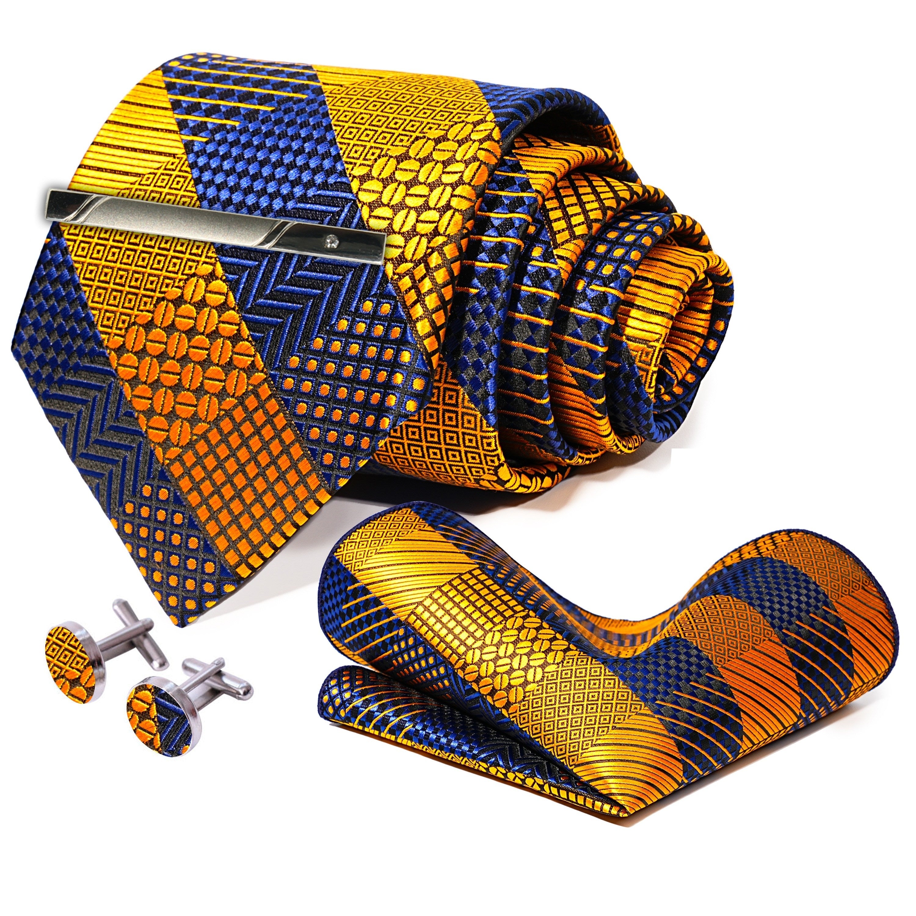 Men's Plaid Tie Pocket Square Cufflinks and Clip Set
