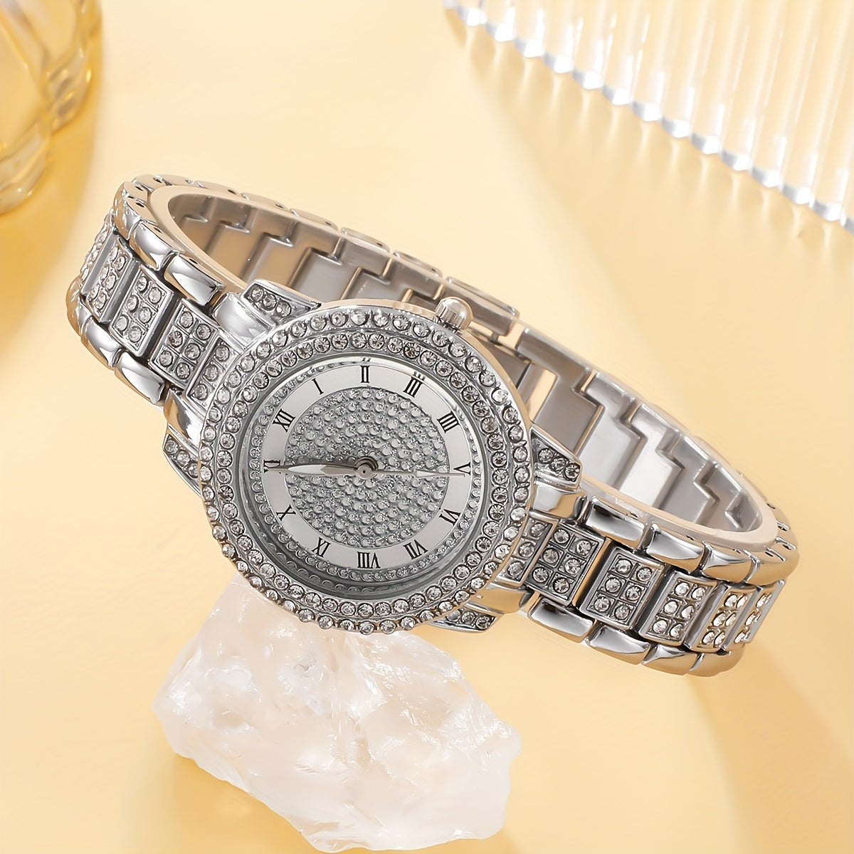 Set of 6 Women's Luxury Rhinestone Quartz Watches with Roman Dial and Heart Jewelry