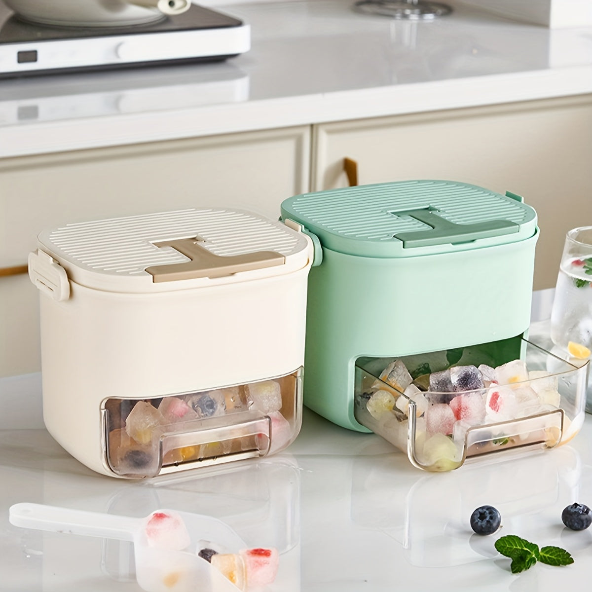 Hacedor de cubitos de hielo de plástico de grado alimentario compacto de 52 rejillas con cuchara y bandeja