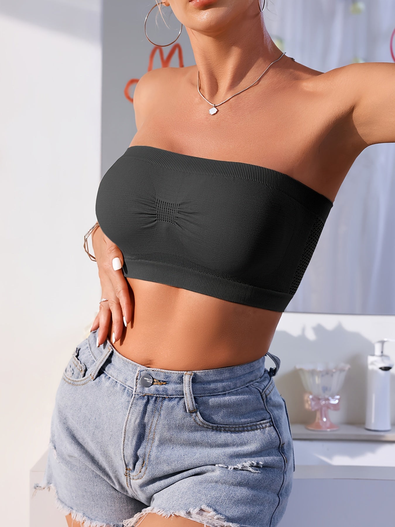 Plus o'lcham tarmoq bandeau tube bra, slayt qilmaydigan, shilqim va nafas oladigan, 4 ta paket
