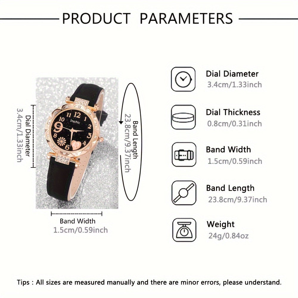 6 ta ayollar yurak dizayni kvarts soatlari to'plami, rhinestones bilan bezatilgan charm taqilgan va bilaguzuklar bilan