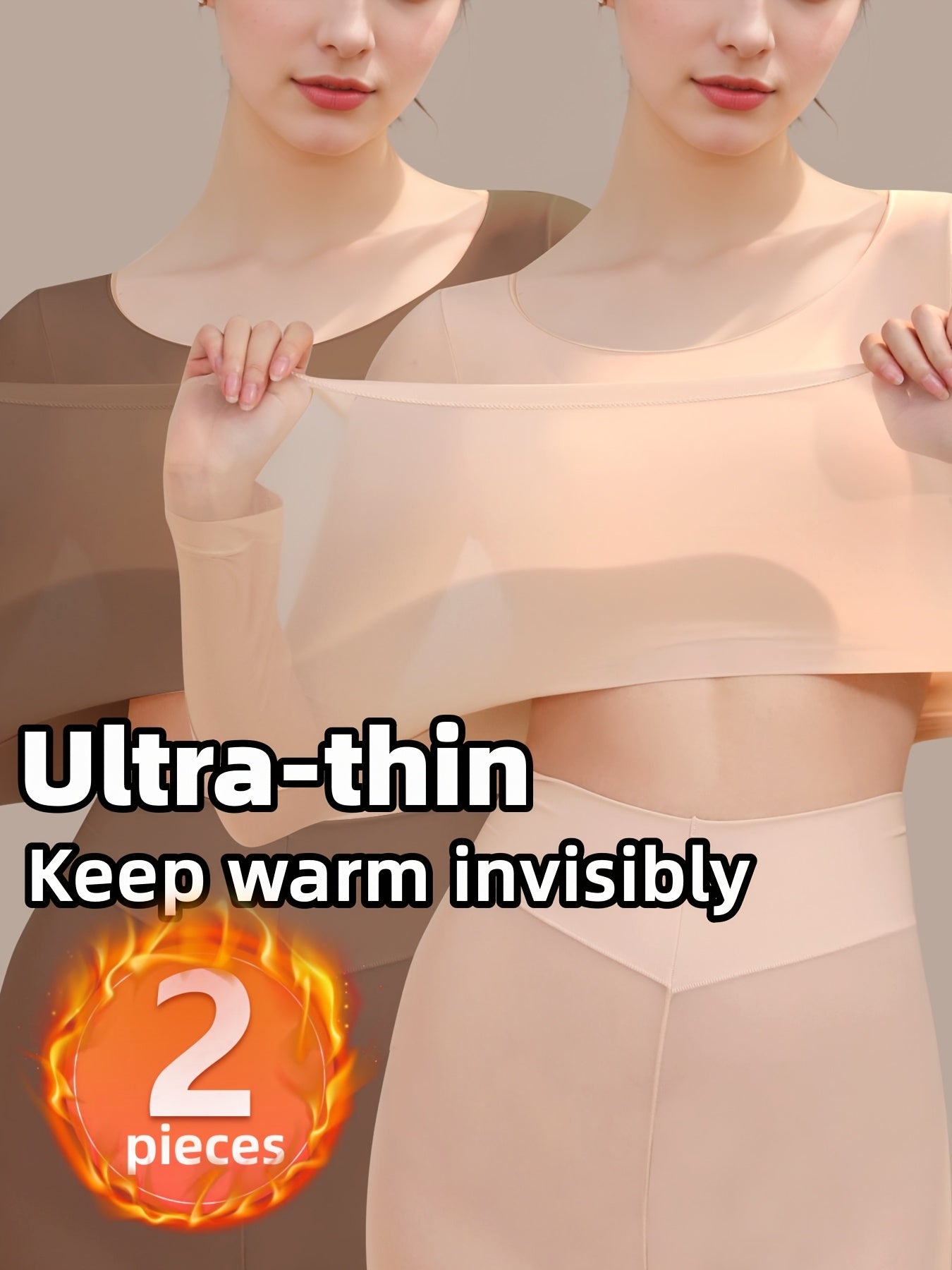 Women's Long Sleeve Thermal Top Set Ultra-Thin High Elastic Knit Base Layer Autumn Winter