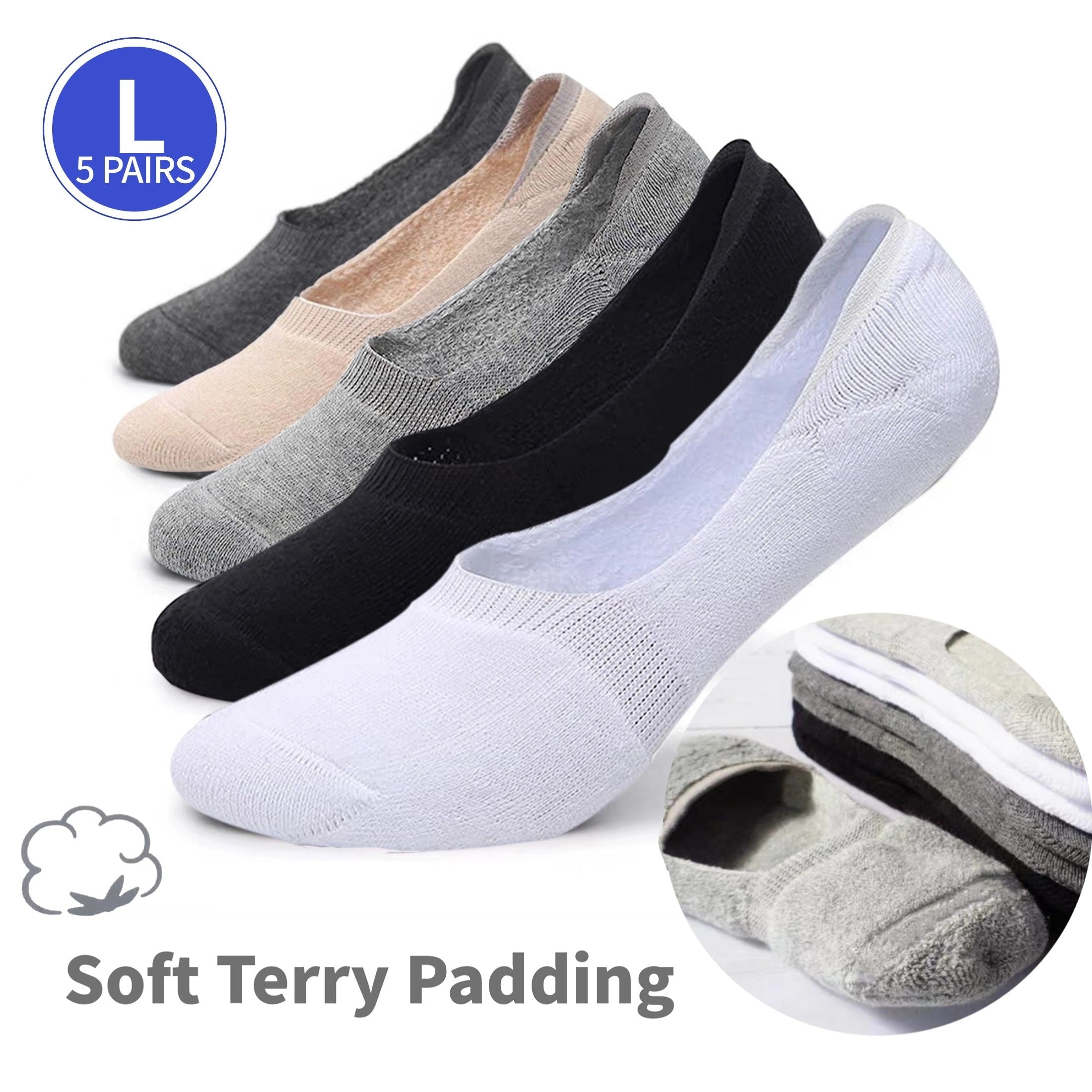 Men's Plus Size Breathable Cotton No-Show Socks with Anti-Slip and Thick Towel Bottom