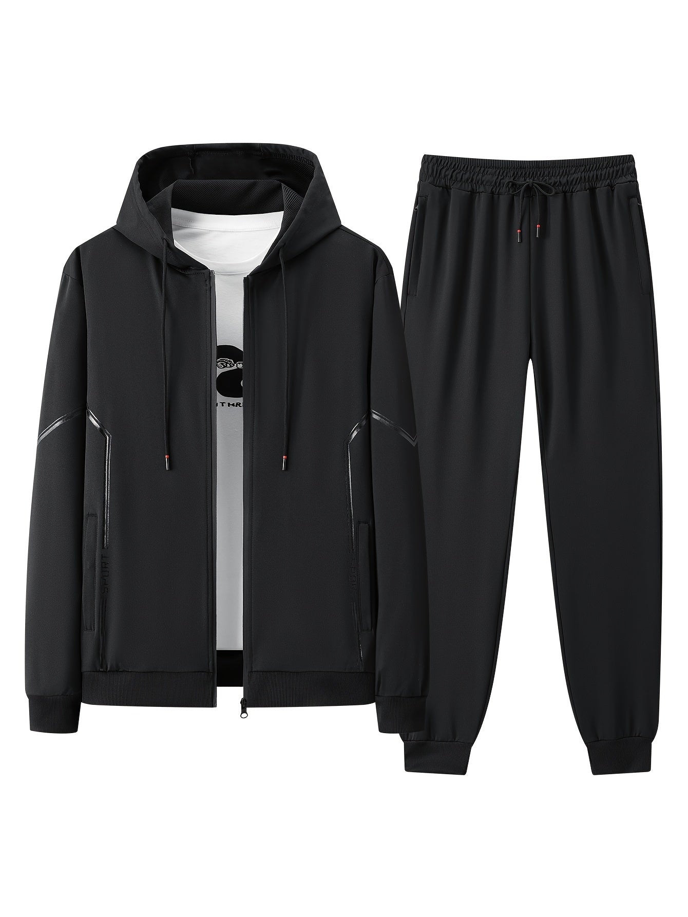 Men's Black Striped Athletic Hoodie and Jogger Set Polyester Spring Fall Sportswear