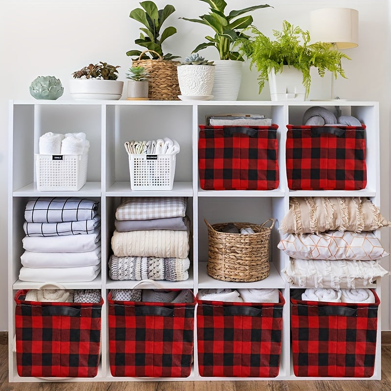 Plaid Christmas Gift Basket Storage Box with Handles for Home or Office Red Black