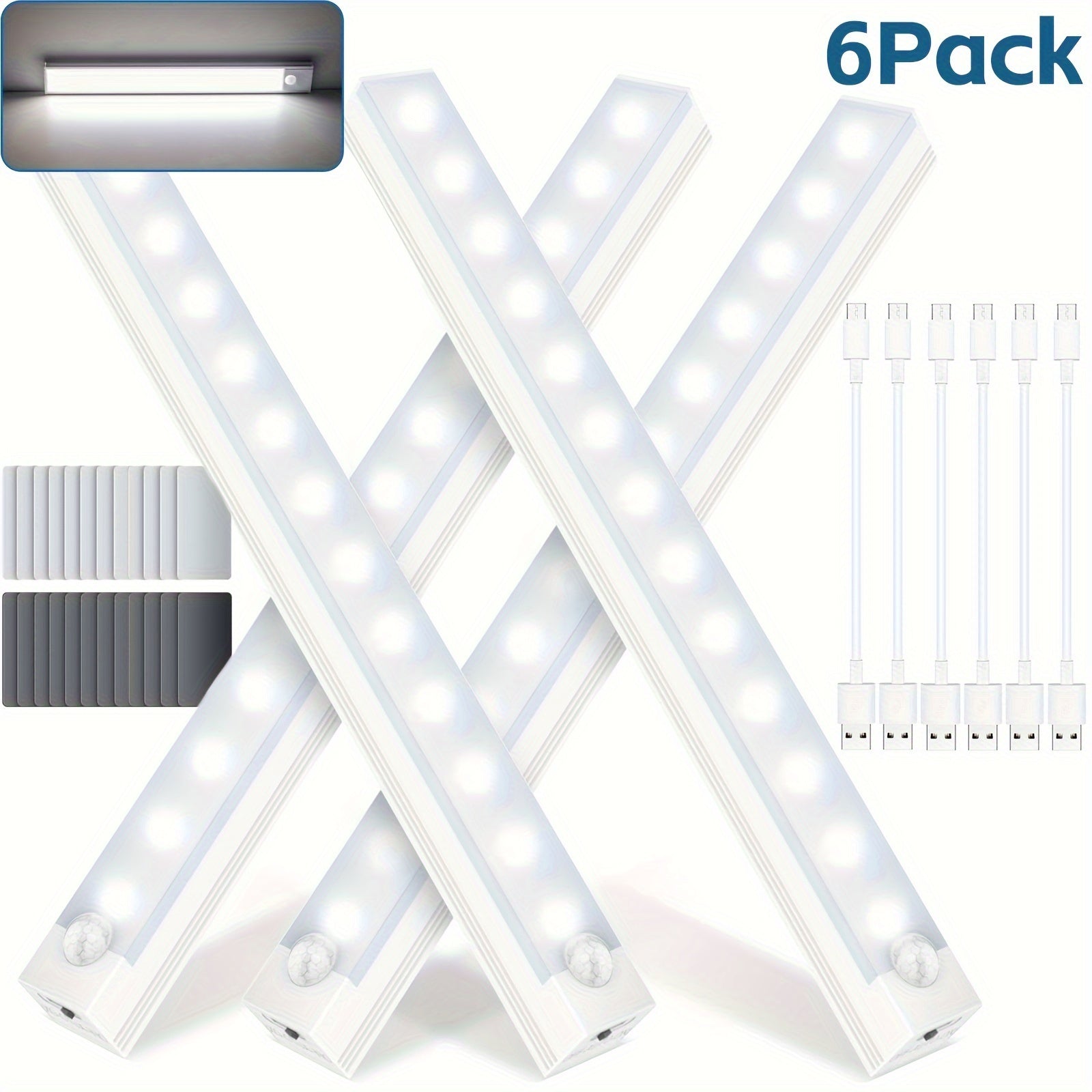 6pcs Luces recargables para debajo de armario con sensor de movimiento, brillo ajustable, plástico