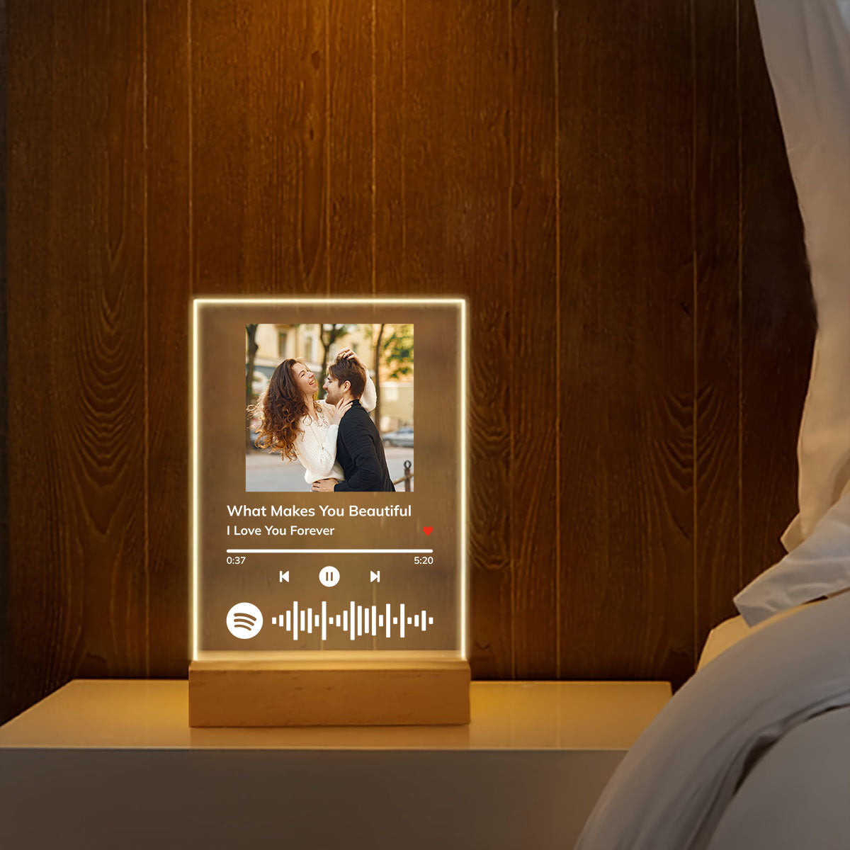 Custom Acrylic Night Light with Photo and Song Frame on USB-Powered Wooden Base