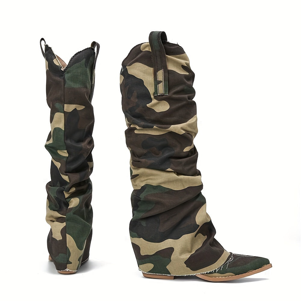 Ayollar uchun Camo print Western chiroqlari kvadrat barmoqli, qalin o'rta poyabzal, tizzaga qadar uzunlikdagi poyabzal