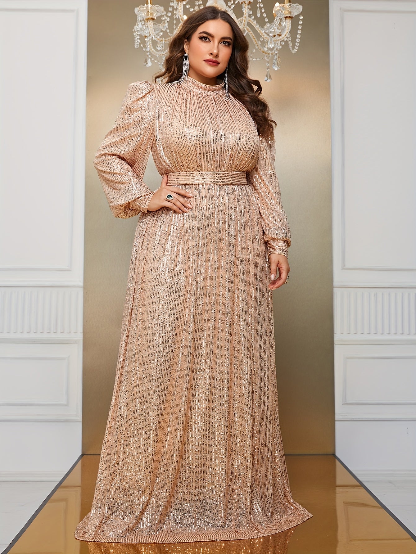 Plus Size Sequin Party Dress Long Sleeve Formal Gown for Weddings Proms