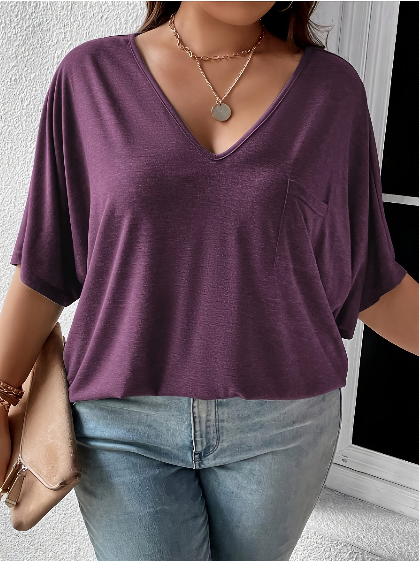 Women's Plus Size Solid V Neck T-Shirt Casual Short Sleeve Top