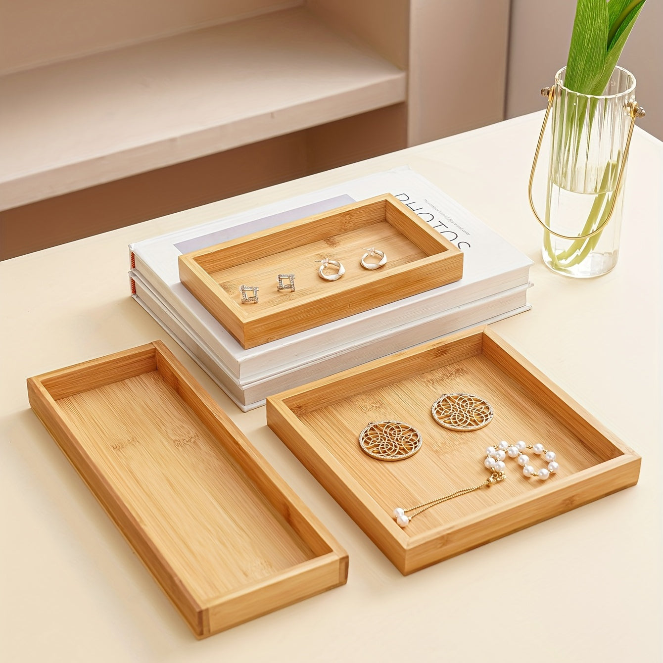 Набор подносов из бамбукового дерева 3 размера для хранения, организации, декора дома