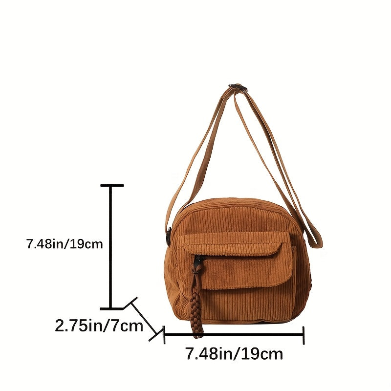 Unisex Corduroy Crossbody Bag with Striped Pattern Zipper Closure Black White Green Light Brown