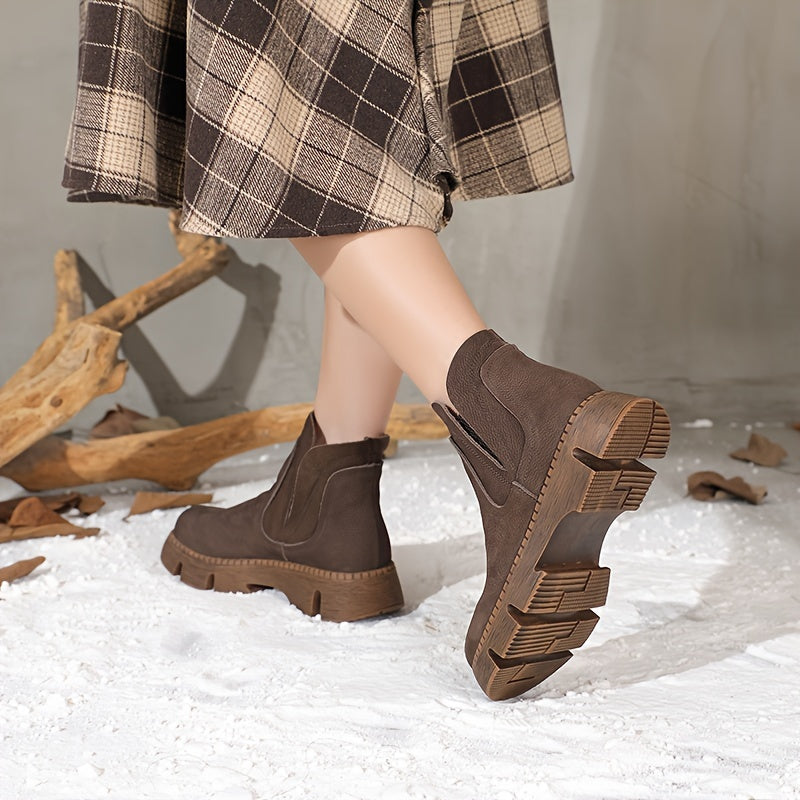 Women's Genuine Leather Short Boots Thick Soles Casual Round Toe