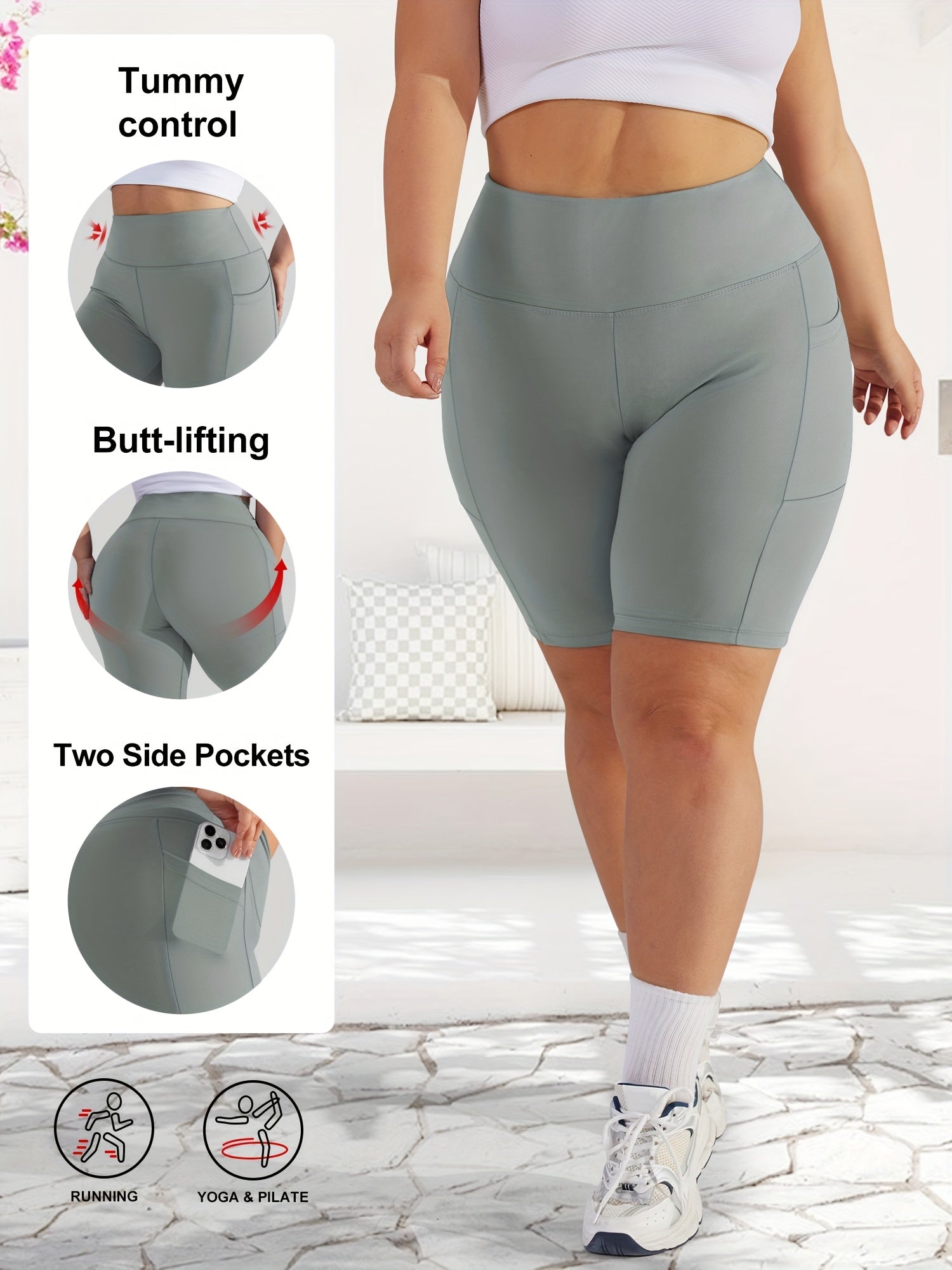 Women's Plus Size High-Waist Tummy Control Workout Shorts with Pockets