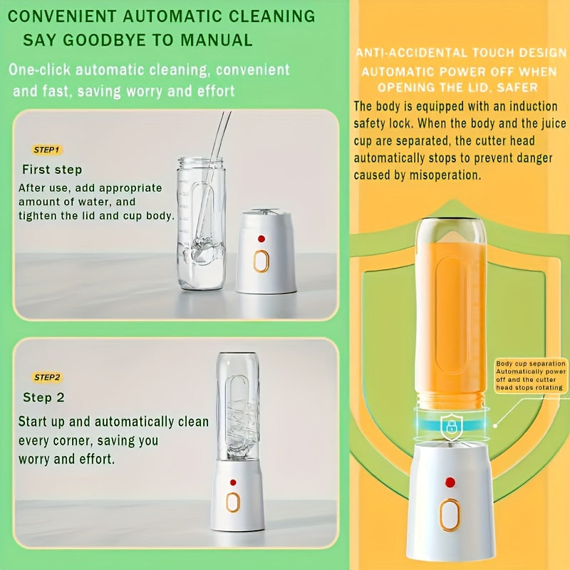 Portable Mini Blender and Juicer with 15oz Capacity, USB Rechargeable, 10 Stainless Steel Blades