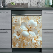 Beige Floral Vinyl Magnetic Dishwasher Cover Reusable Durable for Refrigerator Washing Machine Cabinet