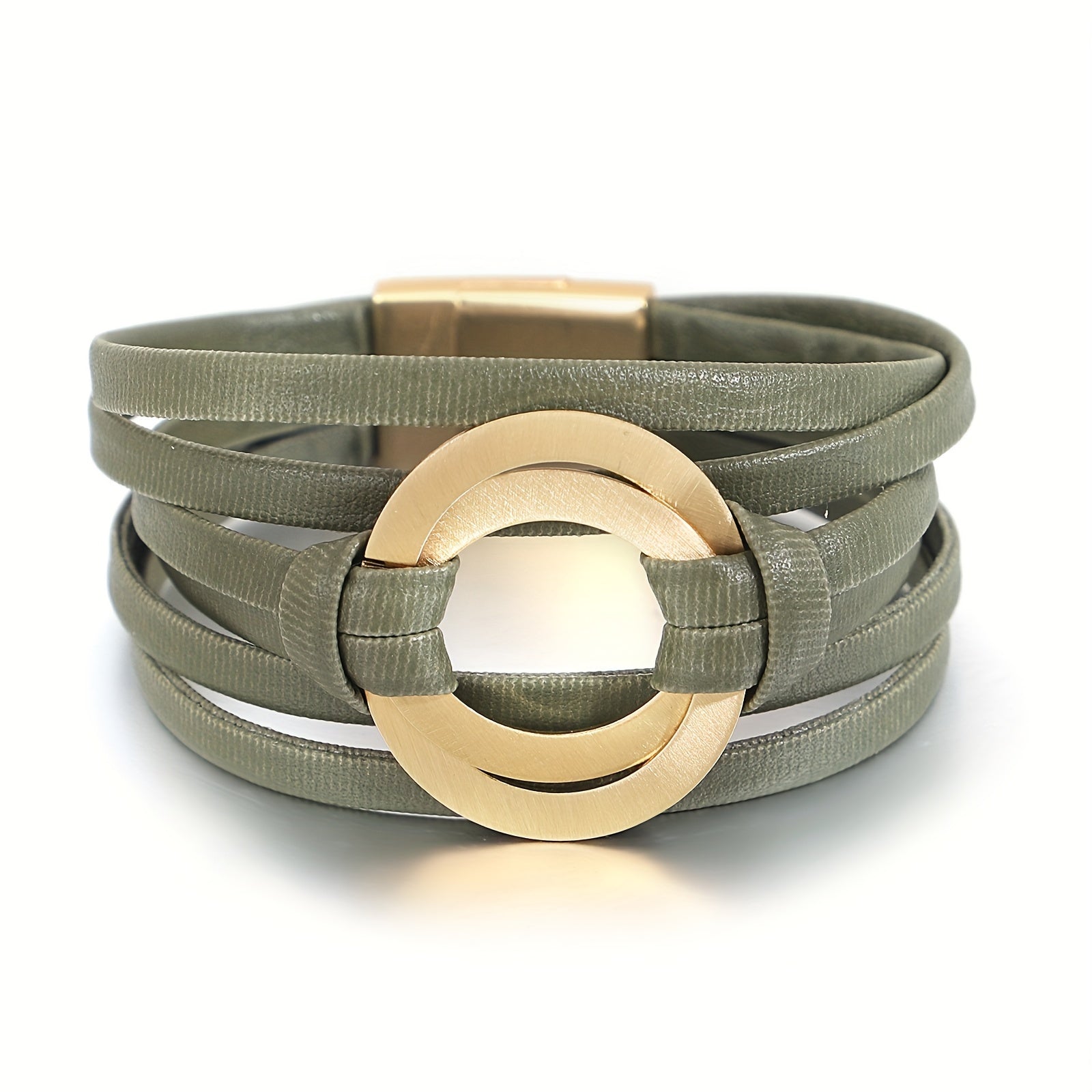 Women’s Artificial Leather Bracelet with Double Circle Charm and Magnet Clasp Wide Bangle Jewelry