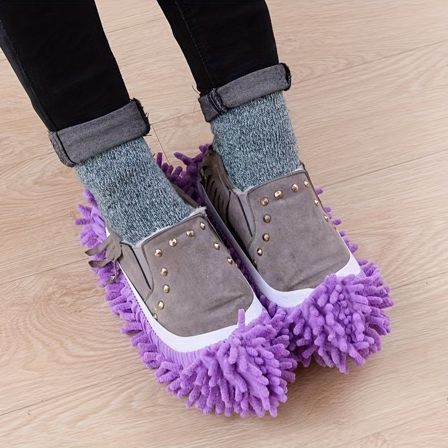 Blue and White Lace Pattern Plush Chenille Mop Slippers for Home Comfort