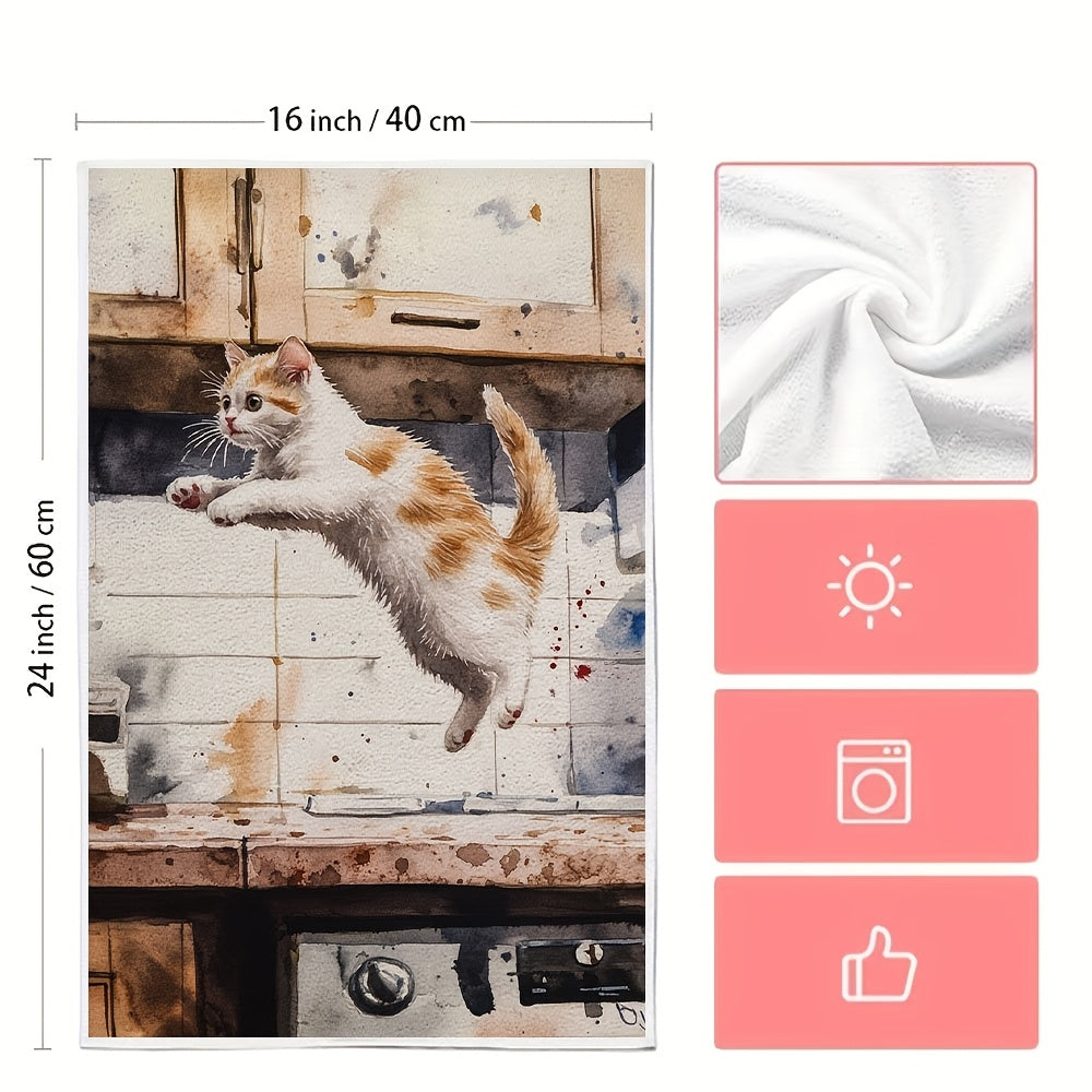 Set of 2 Soft Kitchen Towels with Playful Kitten Design, Absorbent, Machine Washable