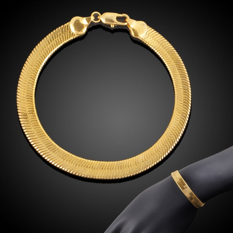 Men's Gold-Tone Flat Herringbone Necklace and Bracelet Set Jewelry Accessories