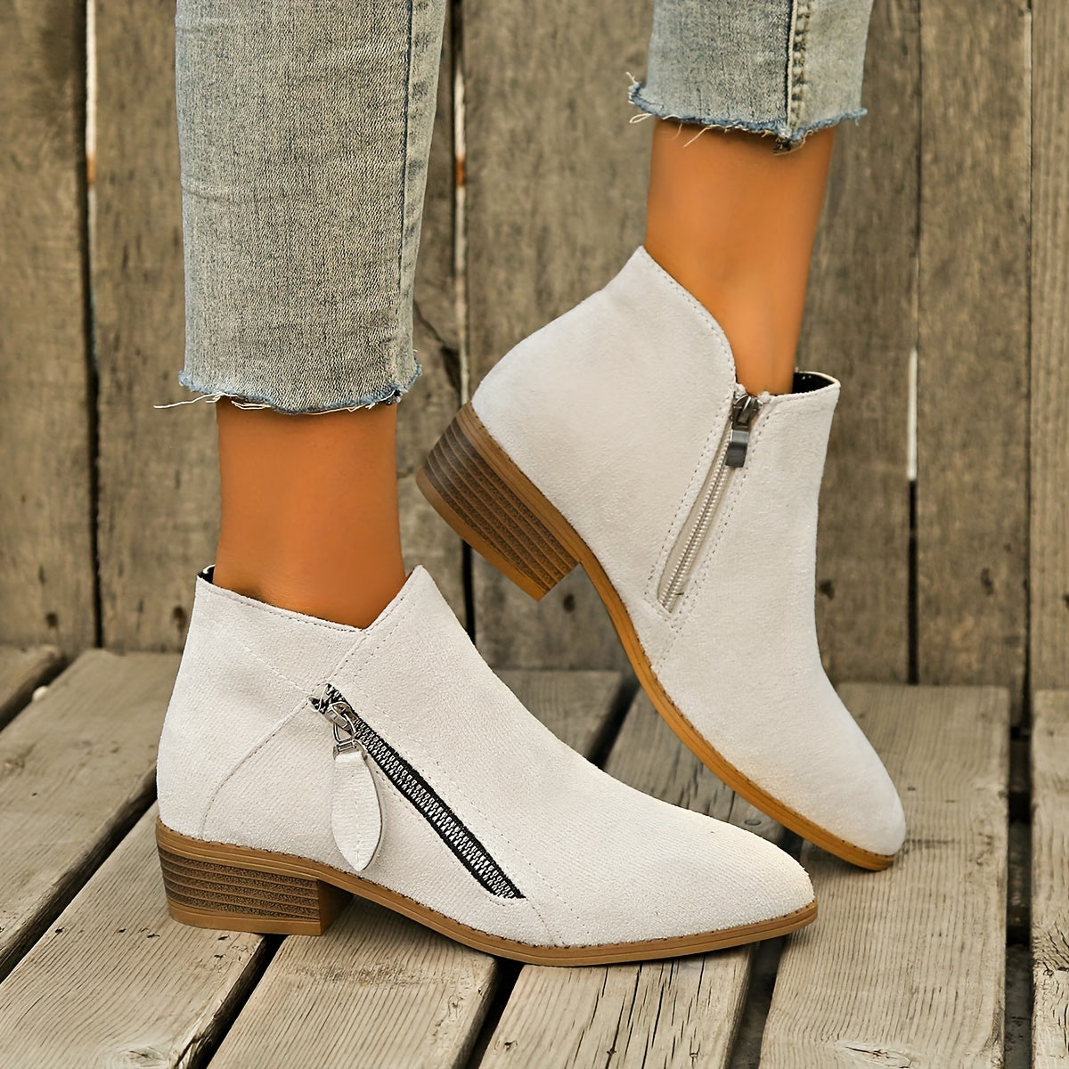 Women's Ankle Boots Retro Solid Color Casual Leather Footwear with Chunky Heel