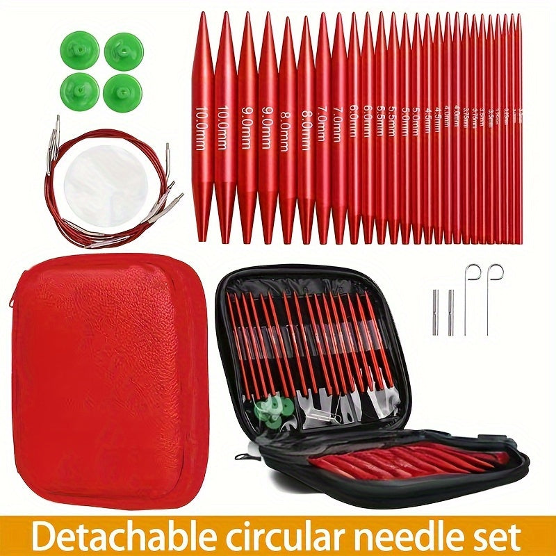 Knitting Needles Set with Adjustable Circular Needles in Red for Sweaters and Scarves