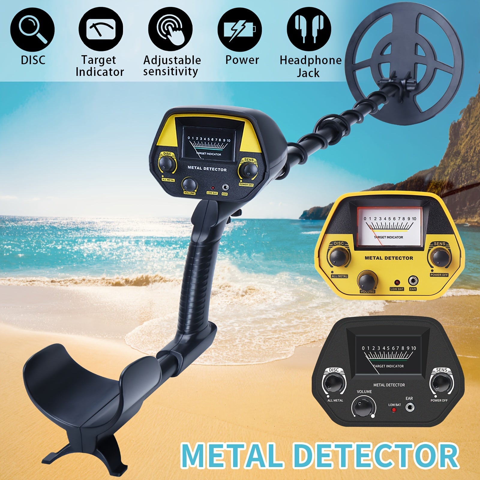 Detector de metales para búsqueda de tesoros en la playa con bobina de 20.32cm, sensibilidad ajustable e identificación de objetivos