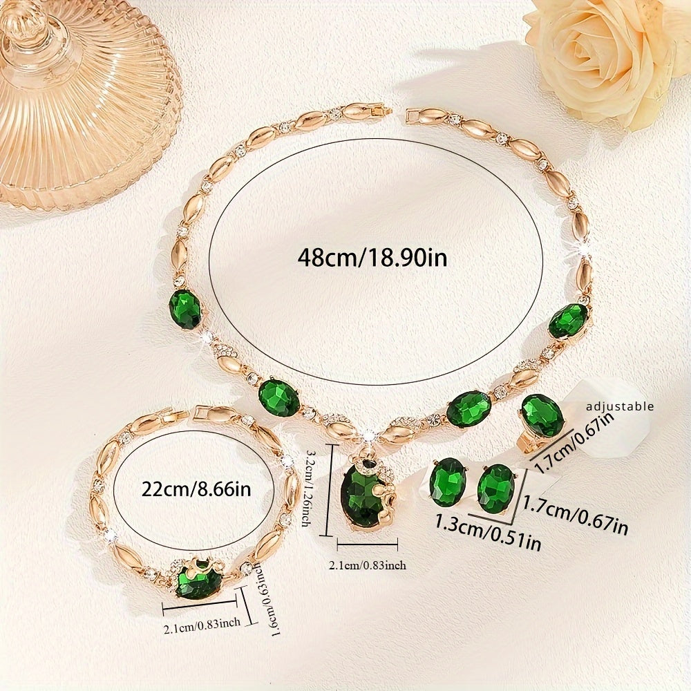 Jewelry Set 14K Gold Plated Sparkling Synthetic Emerald Glass Accents for Women