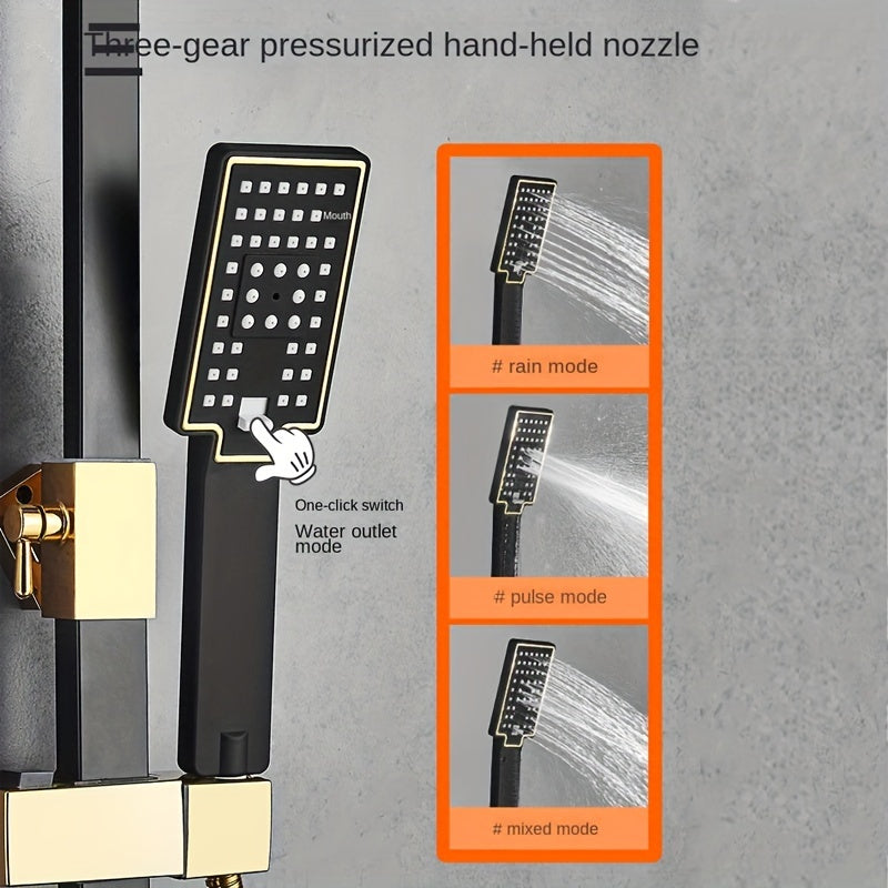 Black and Gold Shower System with Rainfall Head Handheld Spray 4-Function Tub Faucet