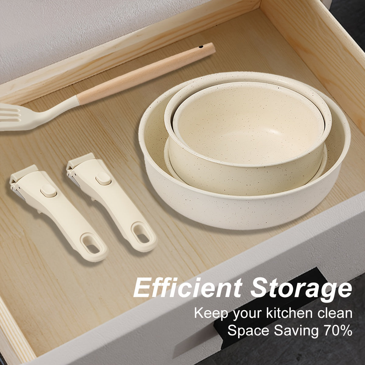 5/12 ta keramika non-stick oshxona to'plami, olib tashlanadigan tutqichlar bilan, krem oq