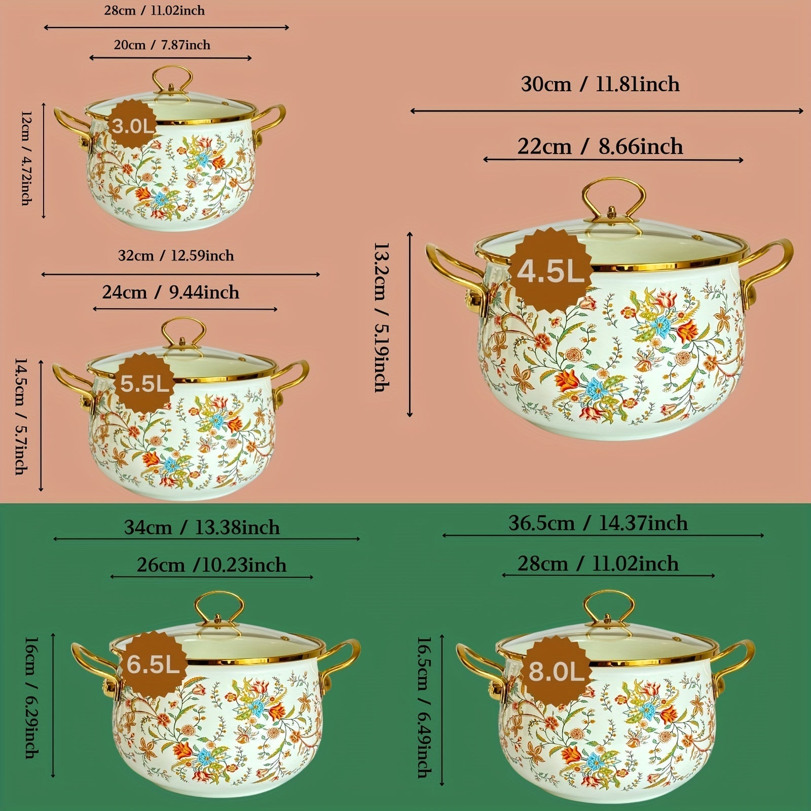 European Style Enameled Pot Set with Floral Design Non-Stick Coating Various Sizes