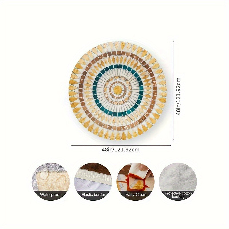 Round Tablecloth Polyester Waterproof Oil-Resistant with Mosaic Design for Dining and Restaurant