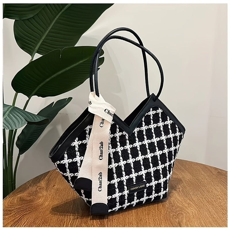 Black Plaid Tote Bag for Women with Zipper Closure and Matching Strap