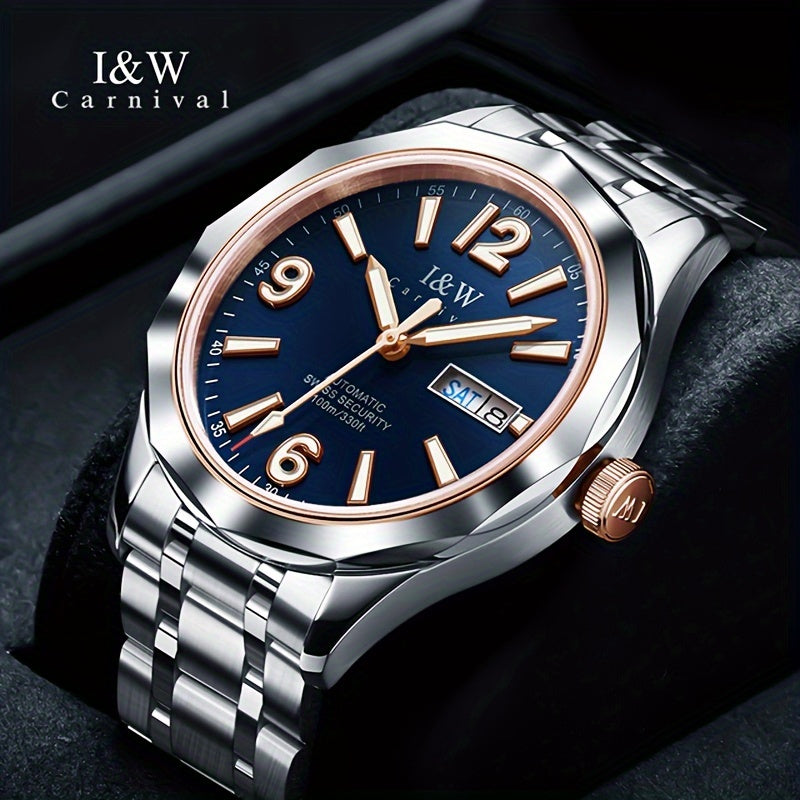 Men's Automatic Mechanical Watch Stainless Steel Waterproof 100M Dual Calendar Luminous