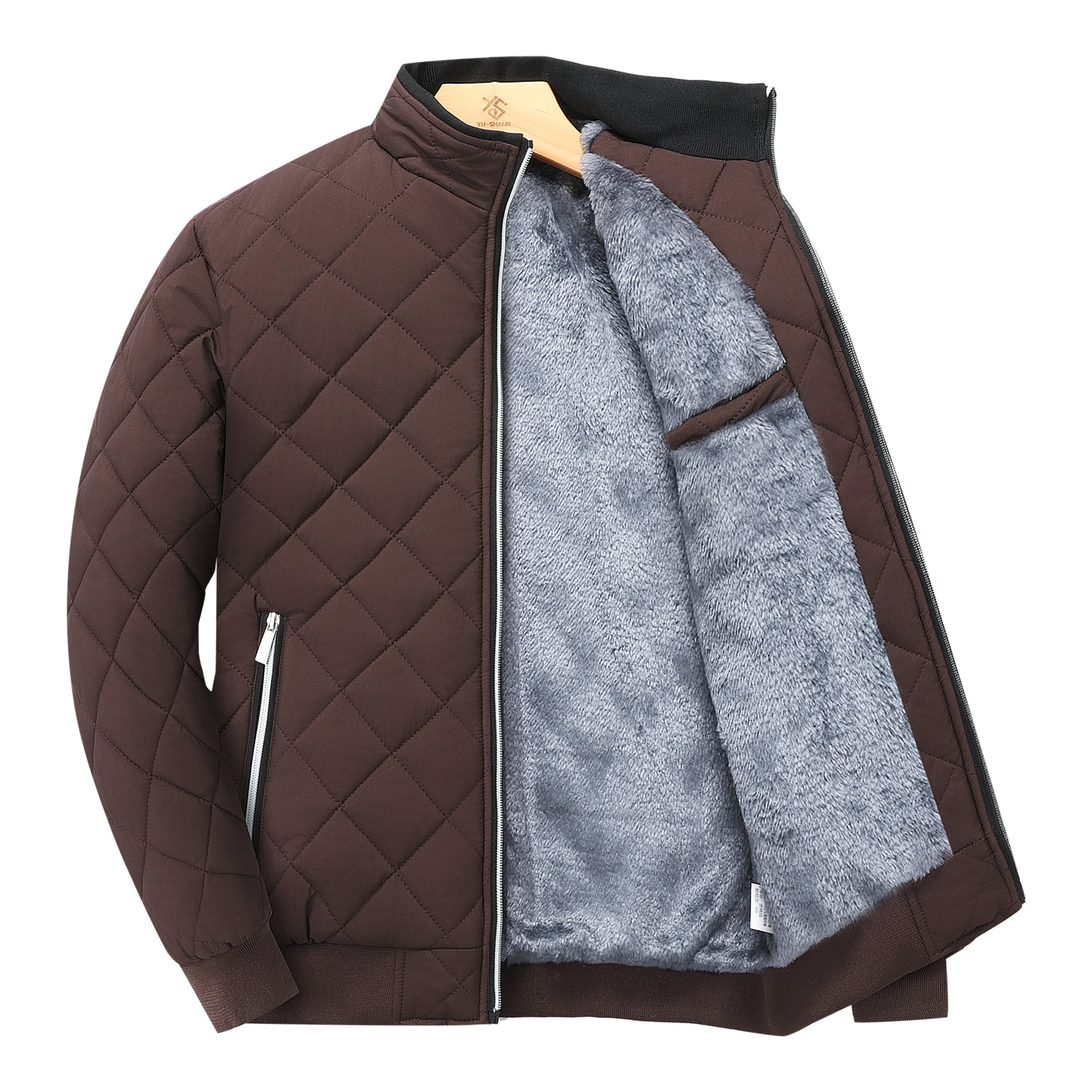 Chaqueta de invierno acolchada para hombre con forro de felpa en verde oscuro, cuello alto y cremallera