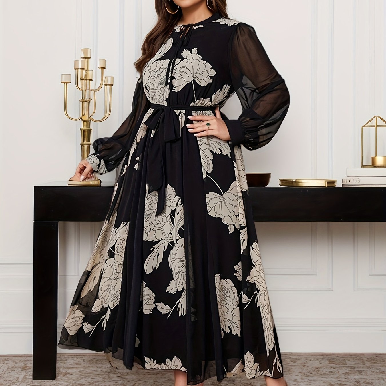 Plus Size Floral Chiffon Dress with Lantern Sleeves A-Line Midi for Spring Fall